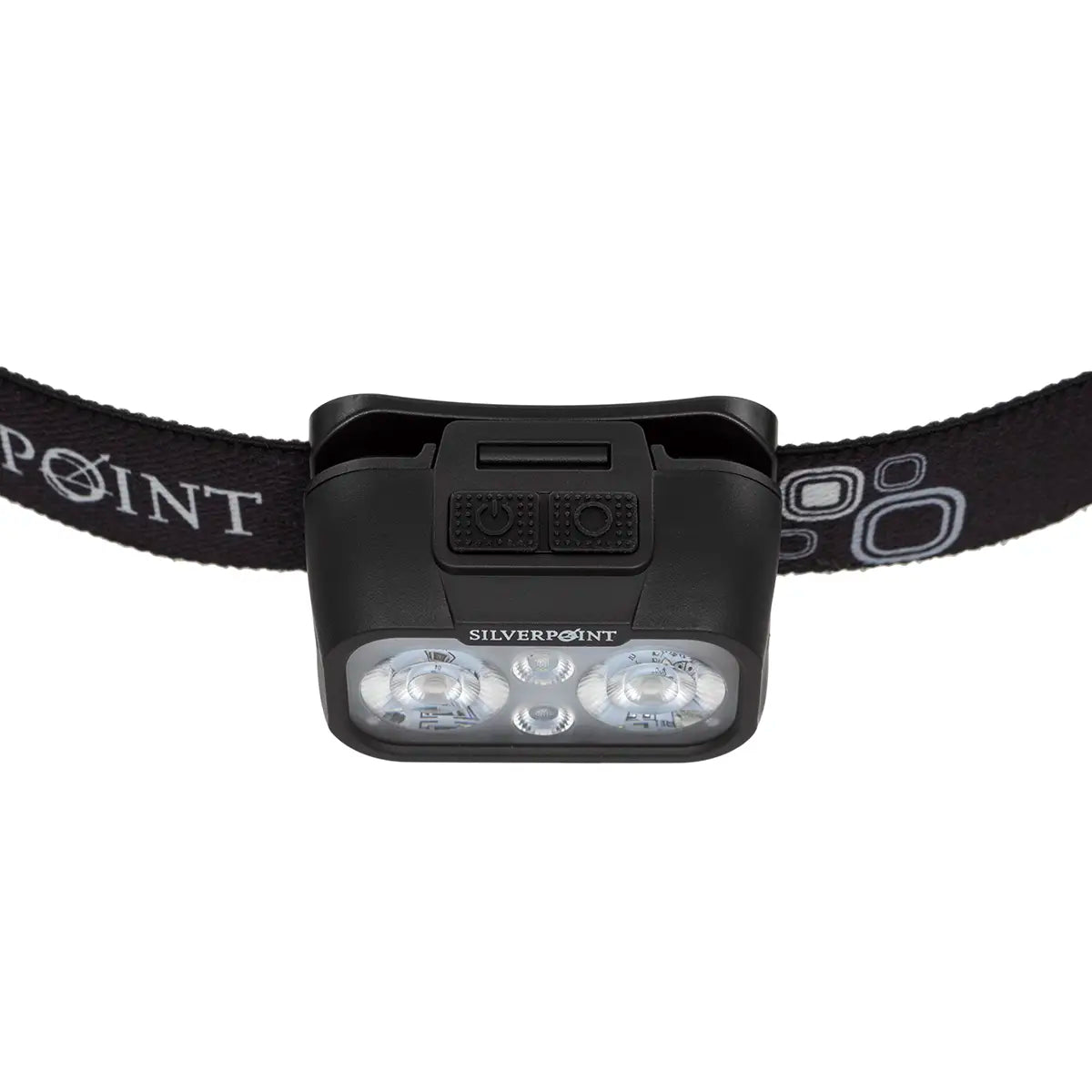 Front view of Silverpoint Ranger Head Torch RC540 showing dual LED lights and control buttons, designed for night navigation and work.