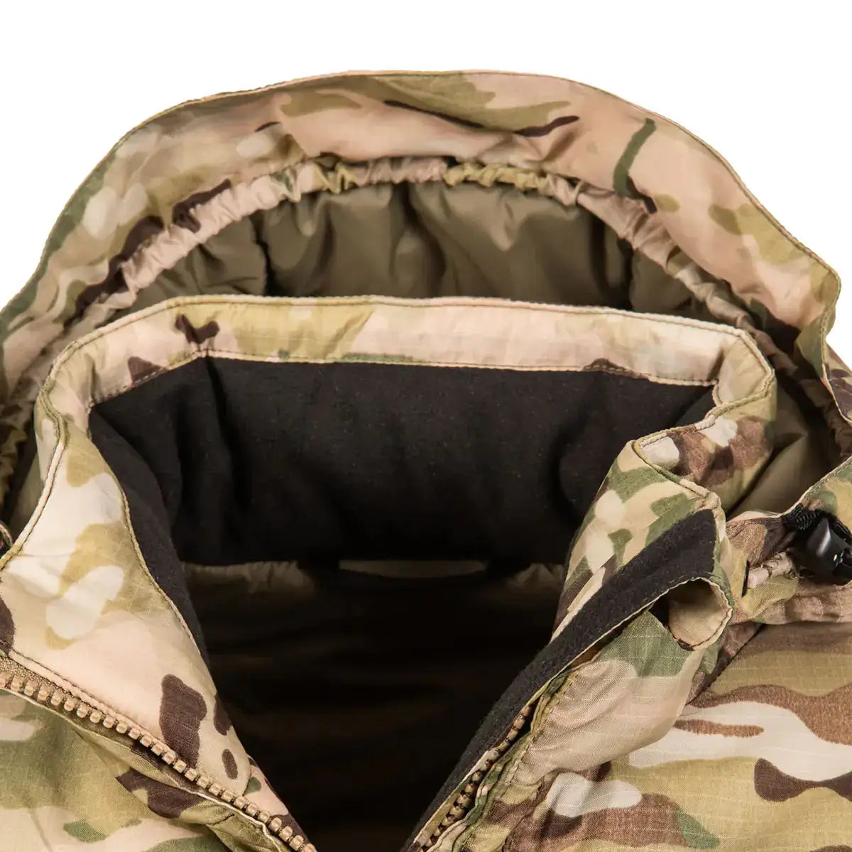 Close-up of hood interior on Snugpak Spearhead Midweight Insulated Jacket WGTE Multicam, showing fleece lining and adjustable fit.  from  John Bull Clothing 