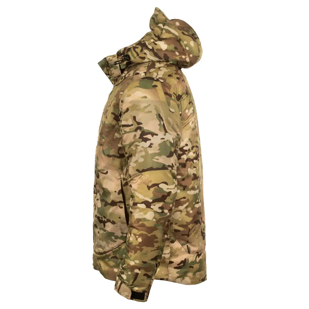 Side profile of Snugpak Spearhead Midweight Insulated Jacket WGTE Multicam showing hood and sleeve design for enhanced mobility.