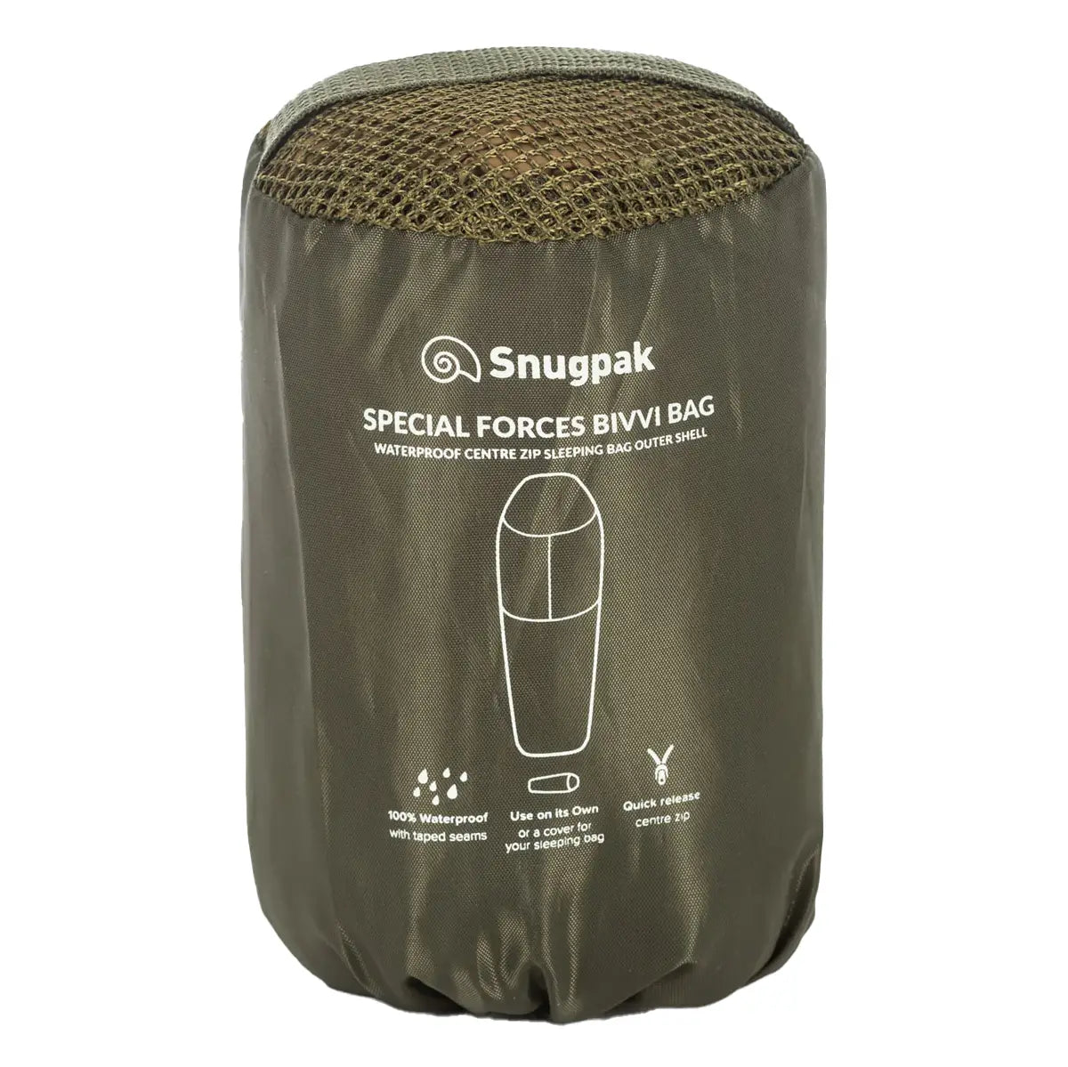 Snugpak Special Forces Waterproof Bivvi Bag WGTE packed in olive compression sack, showcasing compact, waterproof and lightweight outdoor gear.