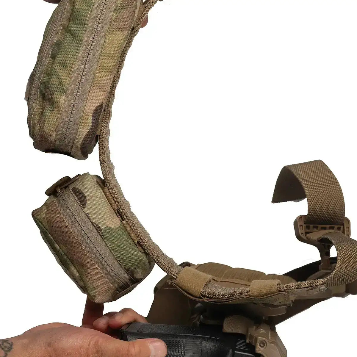 Spectre General Purpose GP Pouch Multicam attached to a tactical belt, with zippered Cordura storage and tan webbing.
