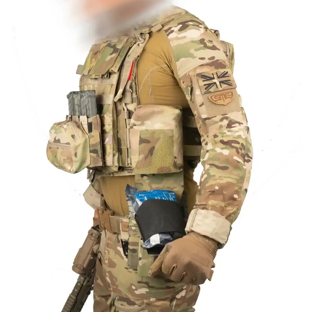 Medical emergency kit with black elastic pouch, containing scissors and supplies, designed for tactical medical use, SKU: JB1663