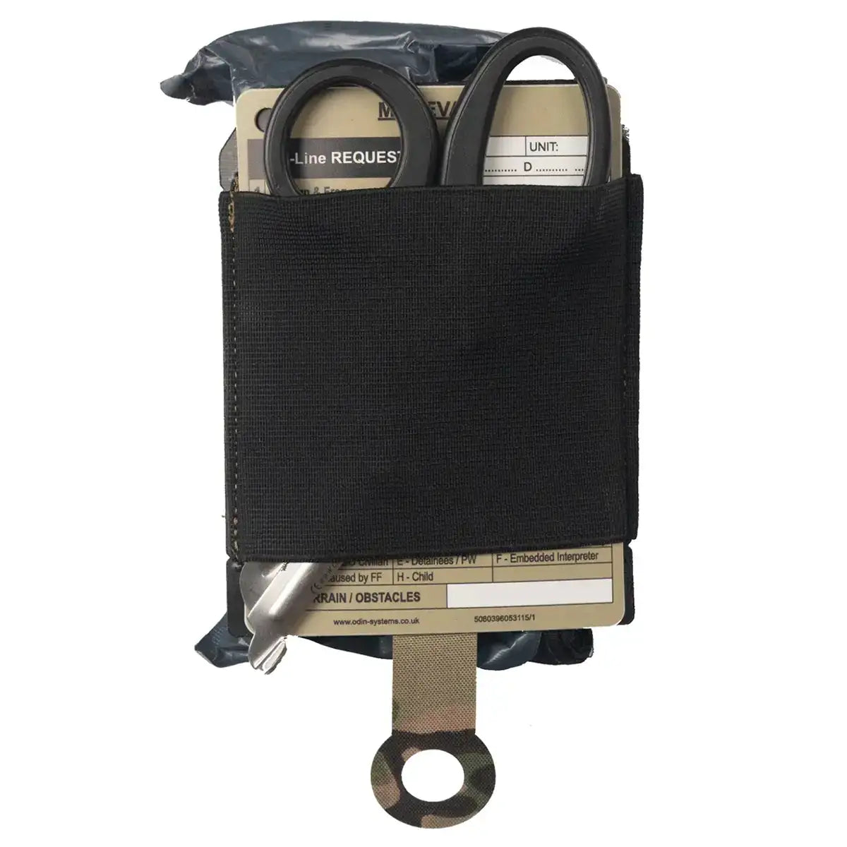 Black medical pouch with pull-out design holding a tourniquet and medical supplies, made of durable Cordura material, used for tactical or military medical kits - SKU: JB1663