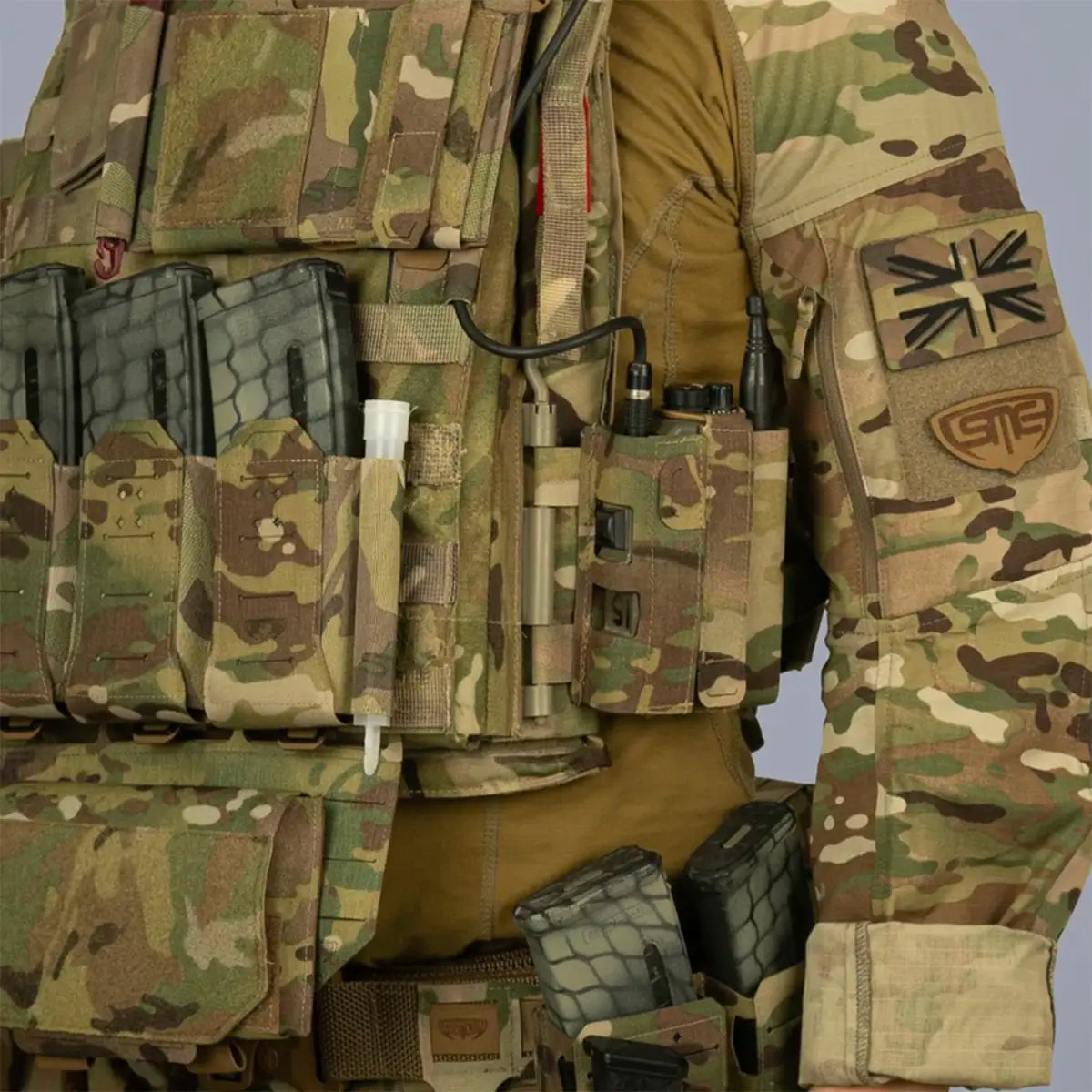 Spectre PinFit PRR Webbing Pouch MTP mounted on tactical vest, demonstrating seamless integration with multicam combat gear.