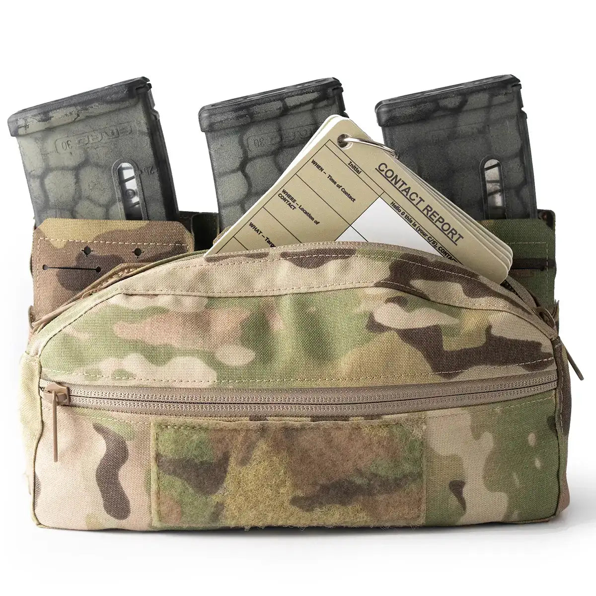 Spectre Triple Mag/MagMin pouch in Multicam Cordura, with three magazines and a contact report in the zippered admin pocket.