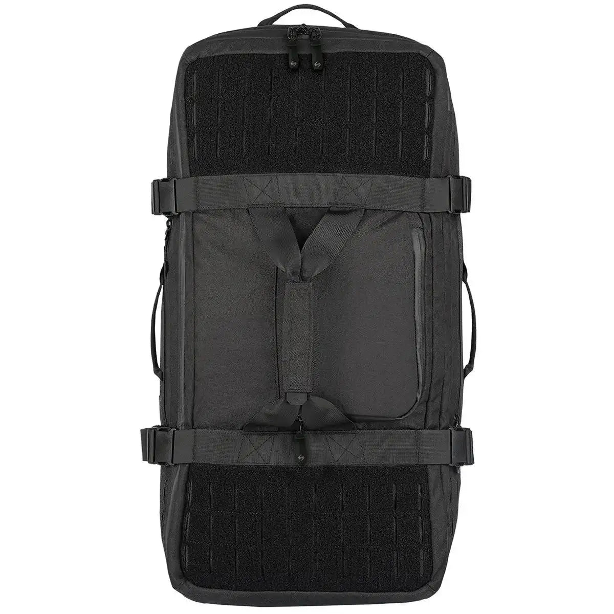 Stoirm 50L Black Duffel Bag top-down view, showcasing MOLLE webbing, compression straps, and reinforced grab handles.  from  John Bull Clothing 