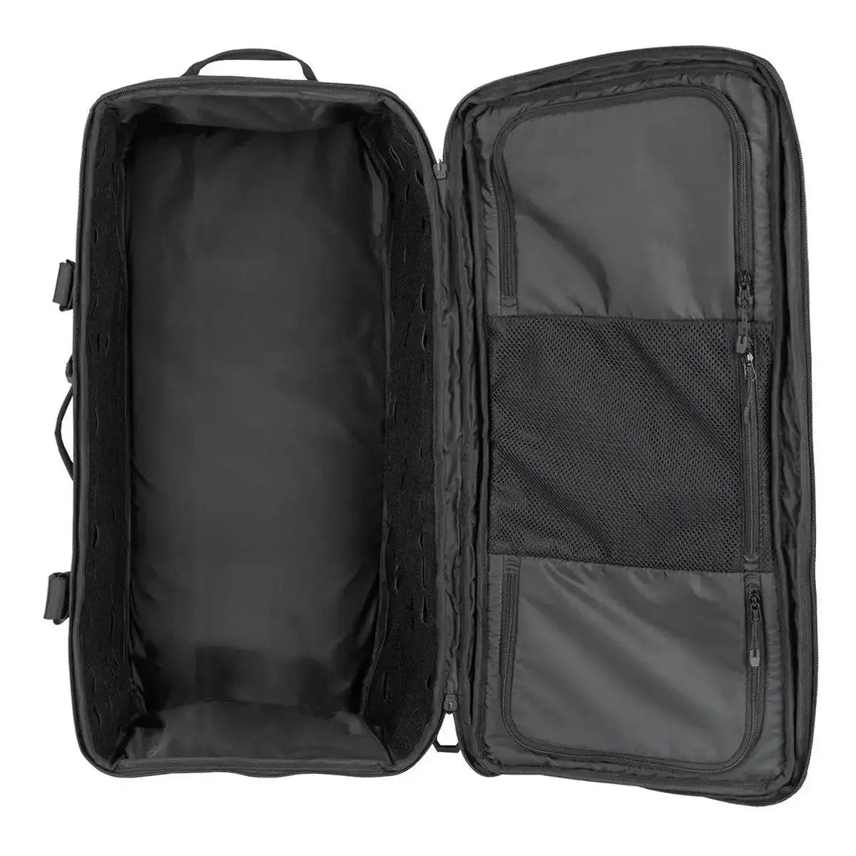 Stoirm 50L Black Duffel Bag fully opened, displaying a large main compartment with mesh zippered pockets for secure storage.  from  John Bull Clothing 