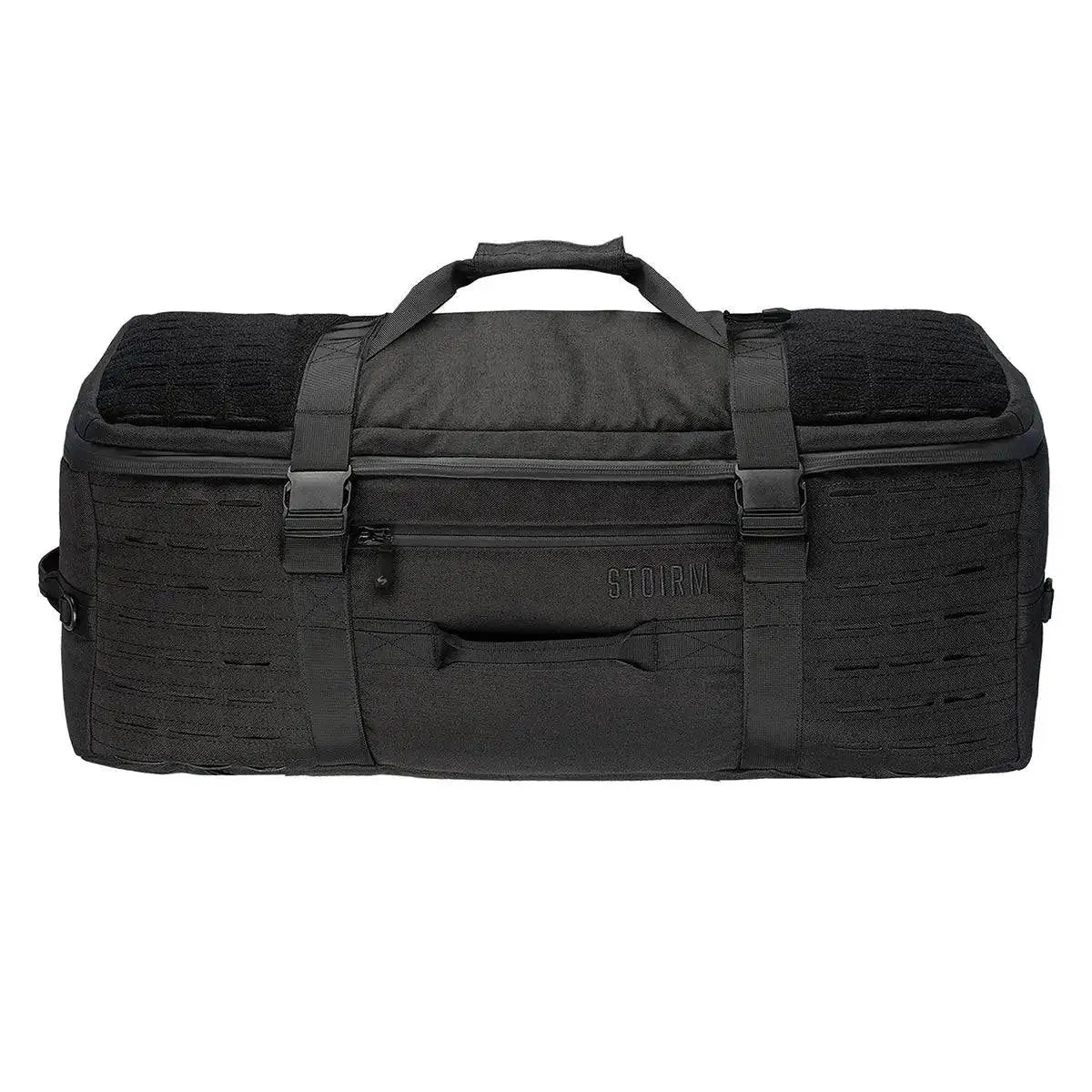 Stoirm 50L Black Duffel Bag laid flat with reinforced handles, compression straps, and front zippered pocket for secure storage.  from  John Bull Clothing 