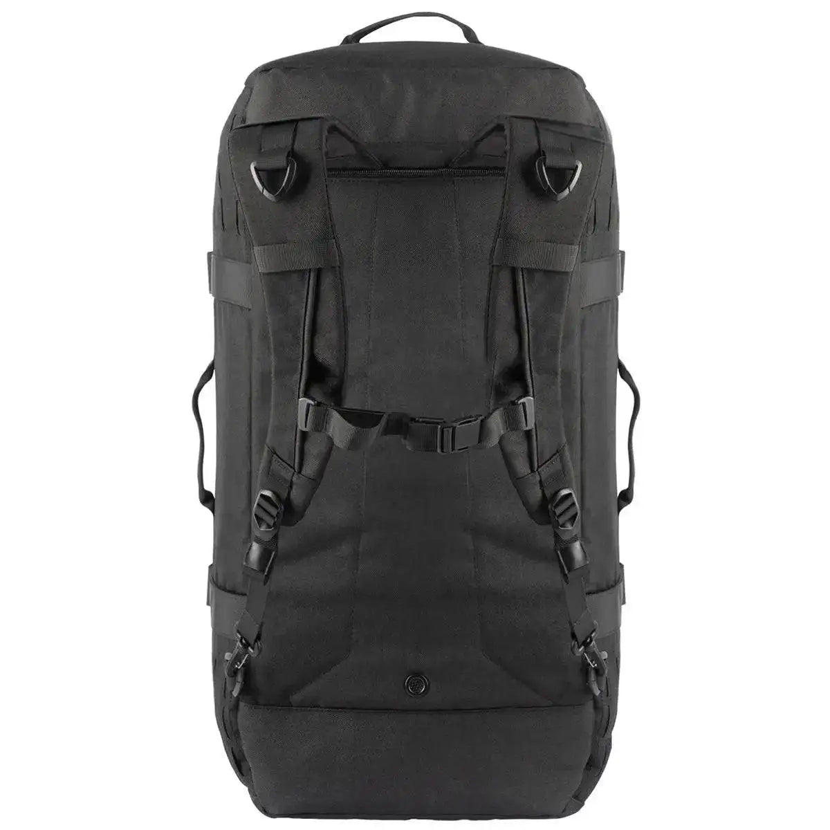 Stoirm 50L Black Duffel Bag back view, featuring padded backpack straps, sternum strap, and reinforced attachment points.  from  John Bull Clothing 