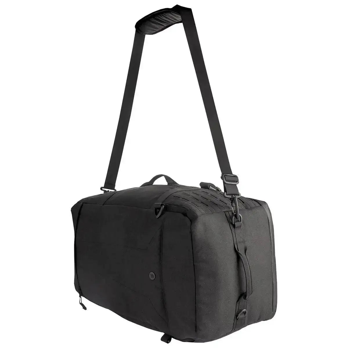 Stoirm 50L Black Duffel Bag with an adjustable shoulder strap, offering a comfortable crossbody carrying option.  from  John Bull Clothing 