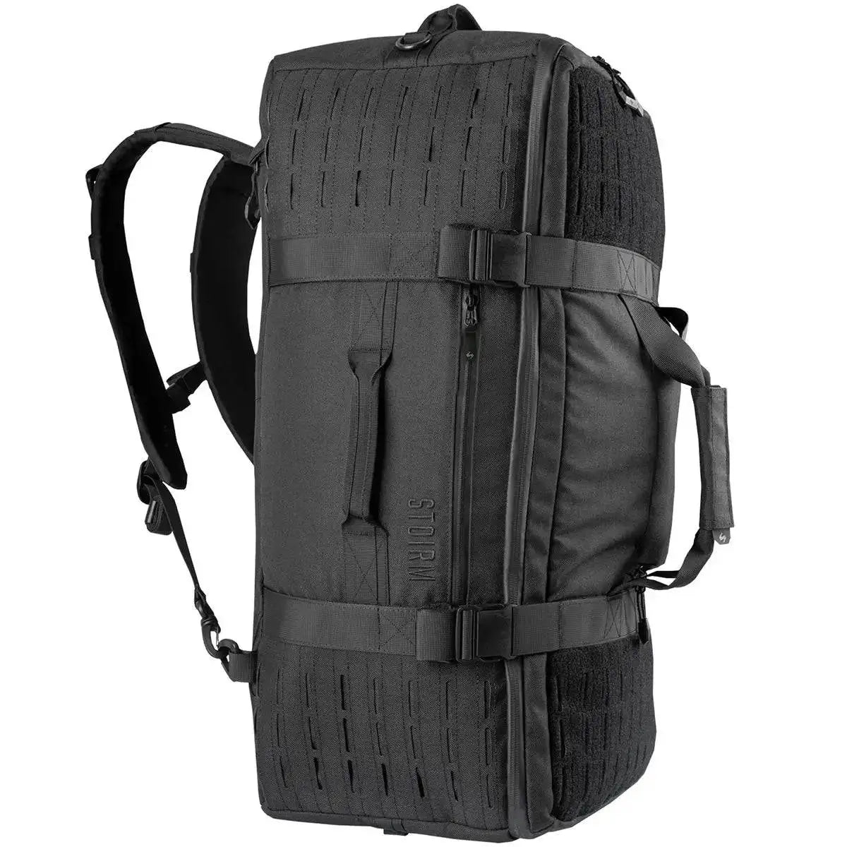 Stoirm 50L Black Duffel Bag with backpack straps, side handle, and MOLLE webbing for versatile carrying options.  from  John Bull Clothing 