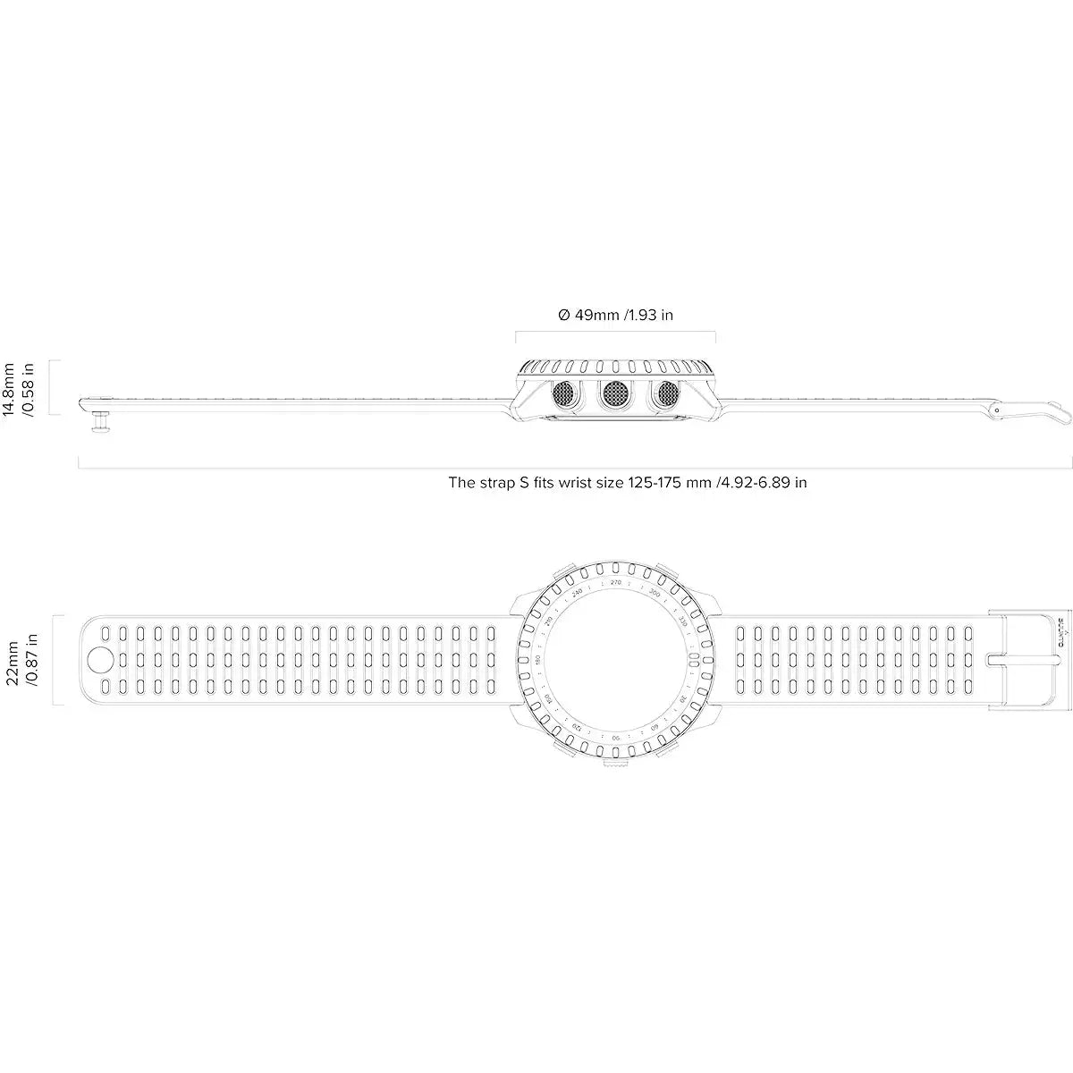Technical drawing of Suunto Core 2 tactical watch with side and top views, showing dimensions, strap size, and design details