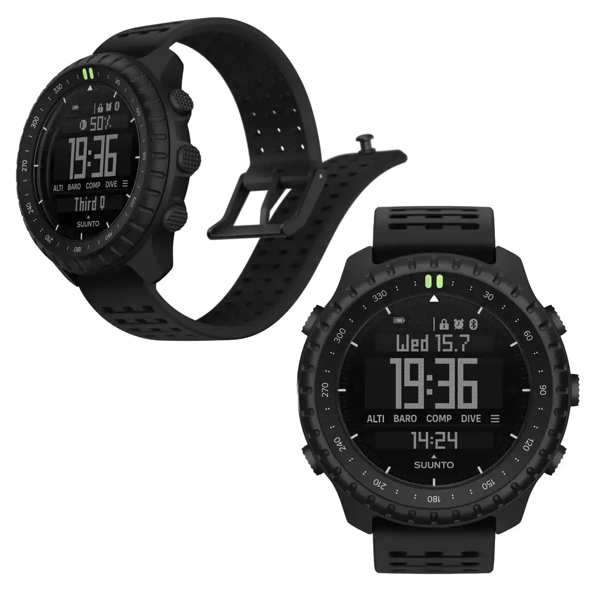 Black Suunto Core 2 tactical GPS watch with digital display showing time and date, rubber strap, SKU: JB1636