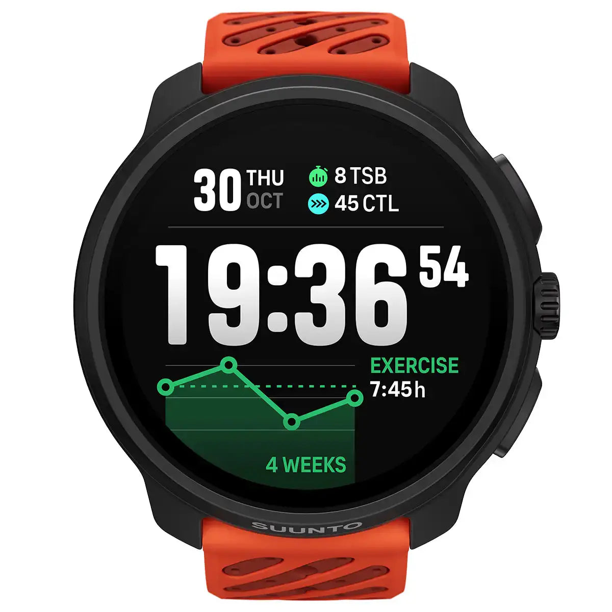 Suunto Race 2 GPS Fitness Watch in black with orange strap, showing time, exercise data, and performance metrics on display.  from  John Bull Clothing 