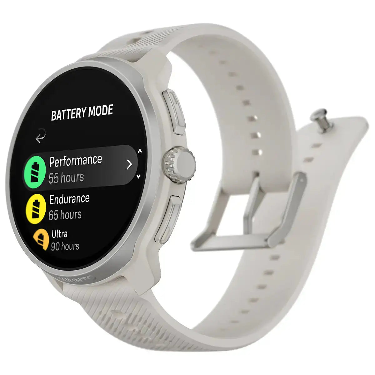 Suunto Race 2 GPS Fitness Watch in white shown from side, displaying battery life modes for various training intensities. Feather Gray from  John Bull Clothing 