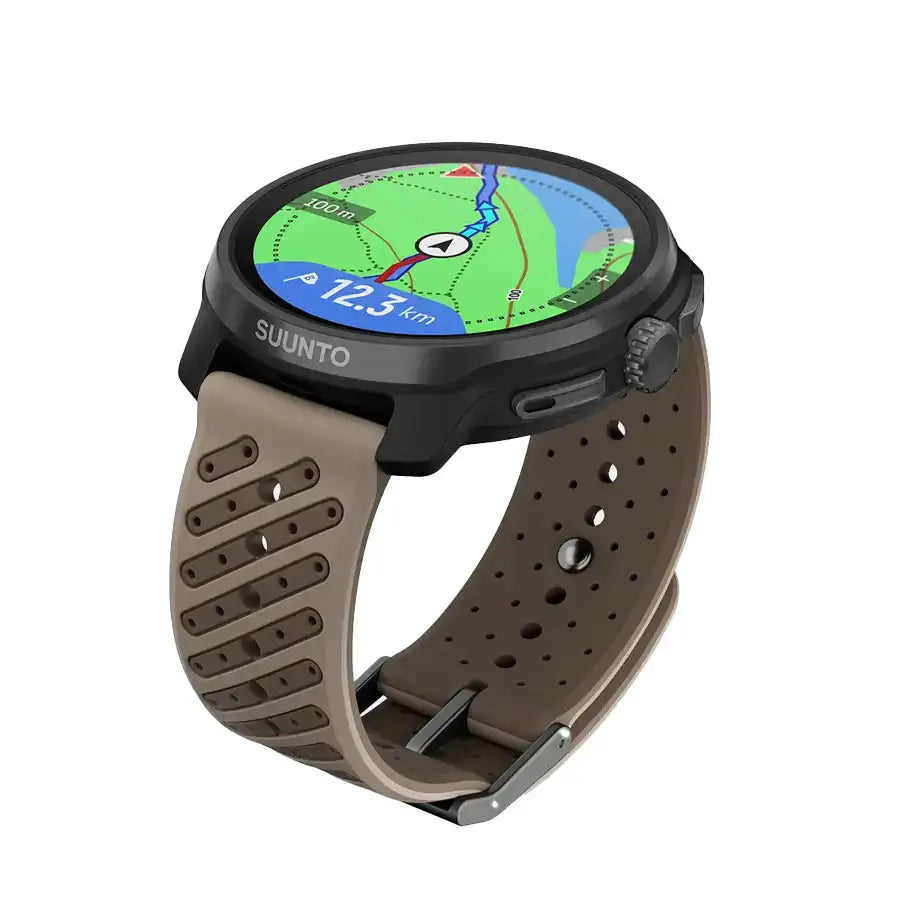 Suunto Race 2 Titanium GPS Watch with navigation map and brown strap. Designed for trail runners and outdoor fitness enthusiasts.  from  John Bull Clothing 
