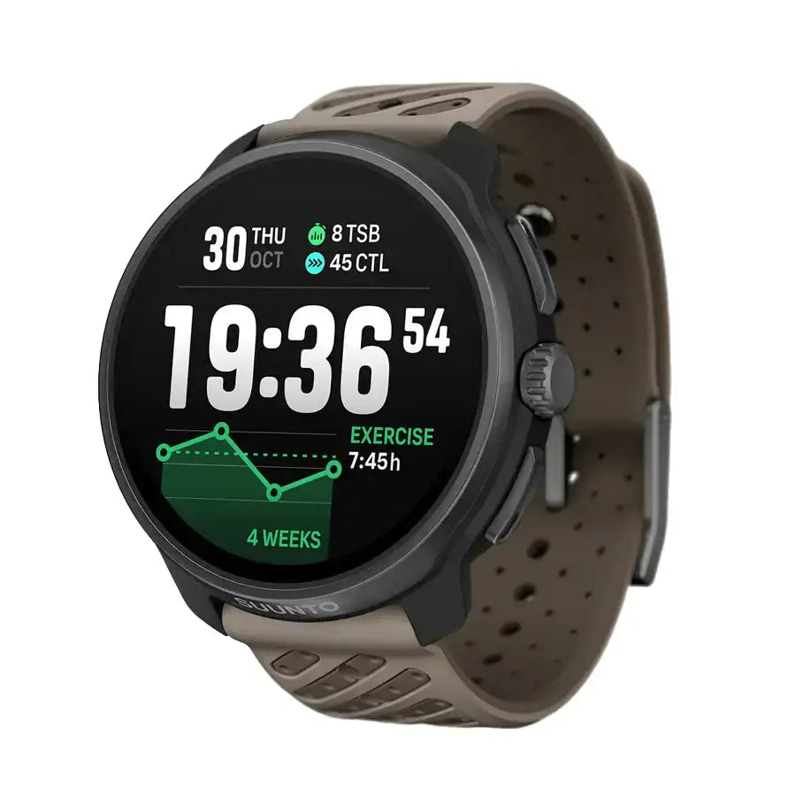 Suunto Race 2 Titanium GPS Watch with black bezel and perforated strap, displaying digital time and weekly exercise data. Ideal for performance athletes. Titanium Trail from  John Bull Clothing 
