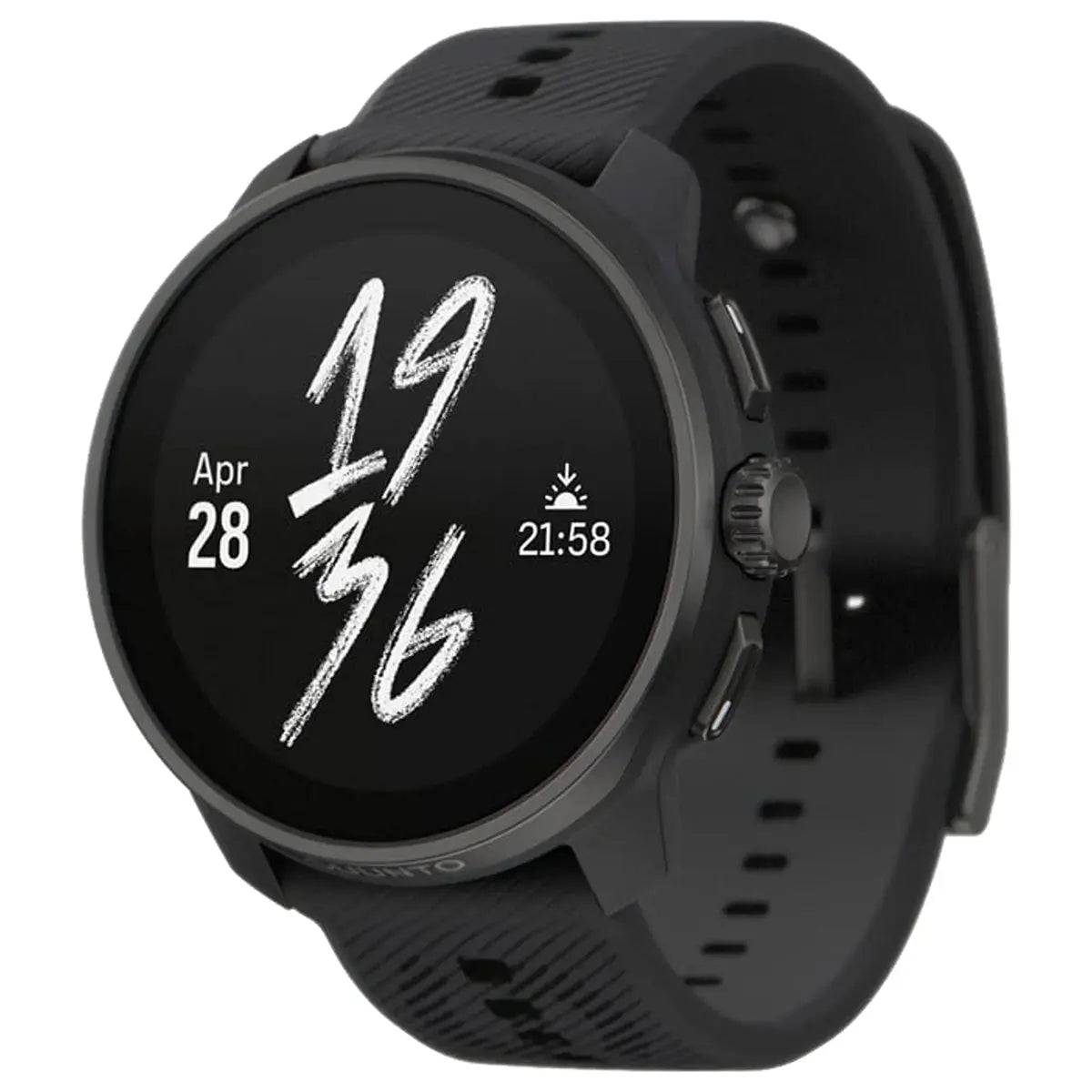 Suunto Race S GPS Sports Watch in black with a sleek digital interface, ideal for tracking workouts, navigation, and health metrics.