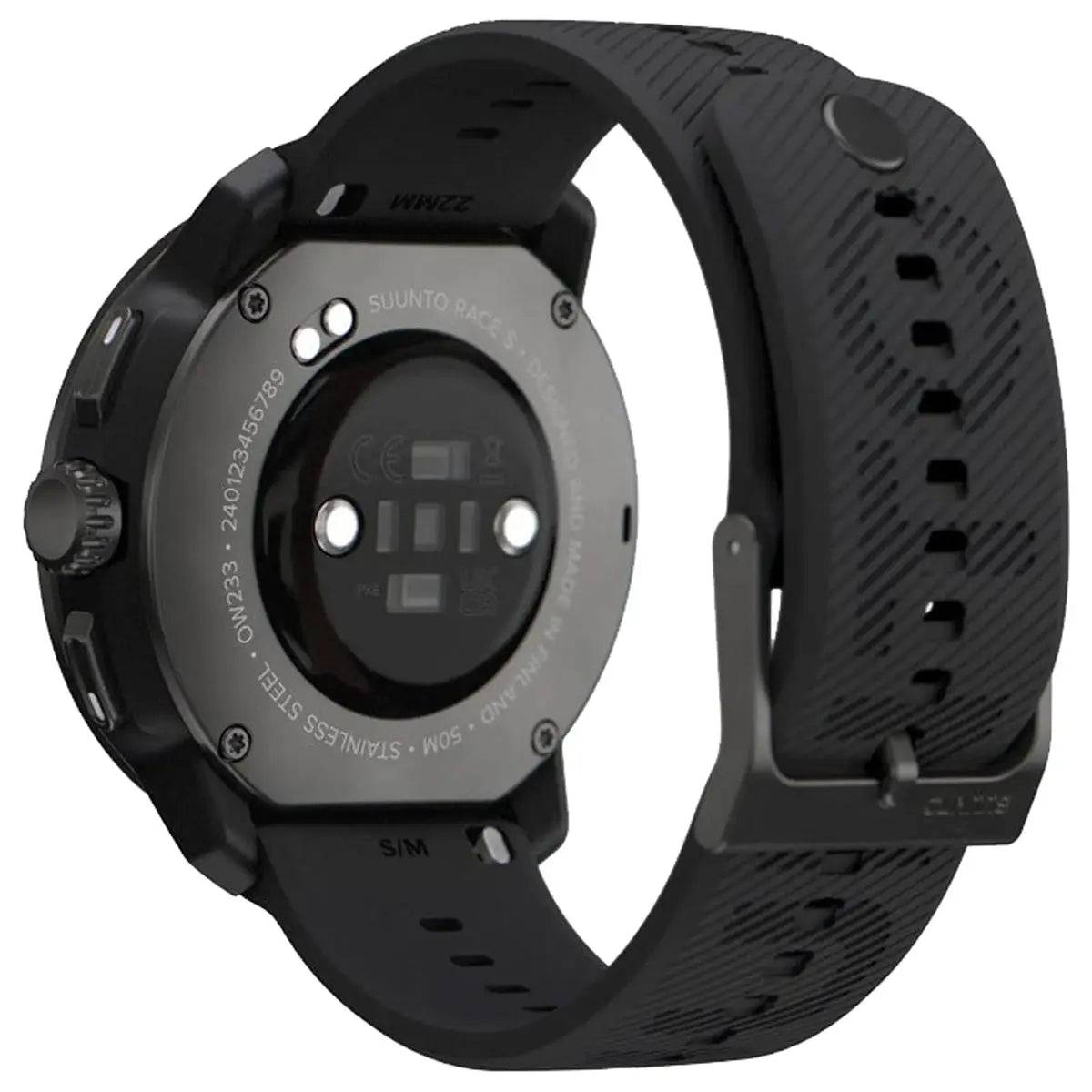 Back view of the Suunto Race S GPS Sports Watch, showcasing its stainless steel case, heart rate sensor, and durable black strap.