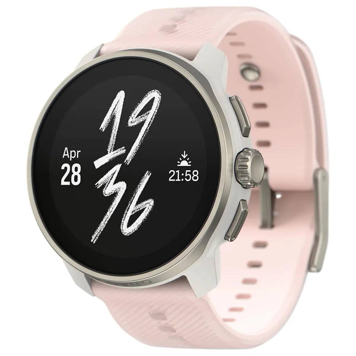 Suunto Race S GPS Sports Watch in white with a pink strap, displaying time and date in a stylish digital font. Designed for performance and everyday wear.