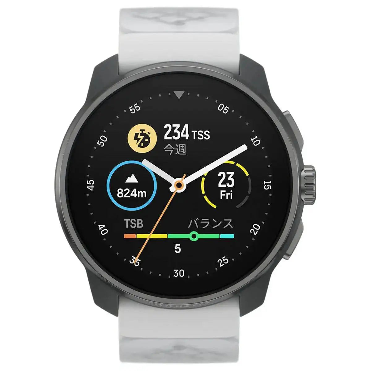 Suunto Race S Titanium GPS Smartwatch displaying a vibrant fitness tracking interface with performance metrics on a high-resolution touchscreen  from  John Bull Clothing 