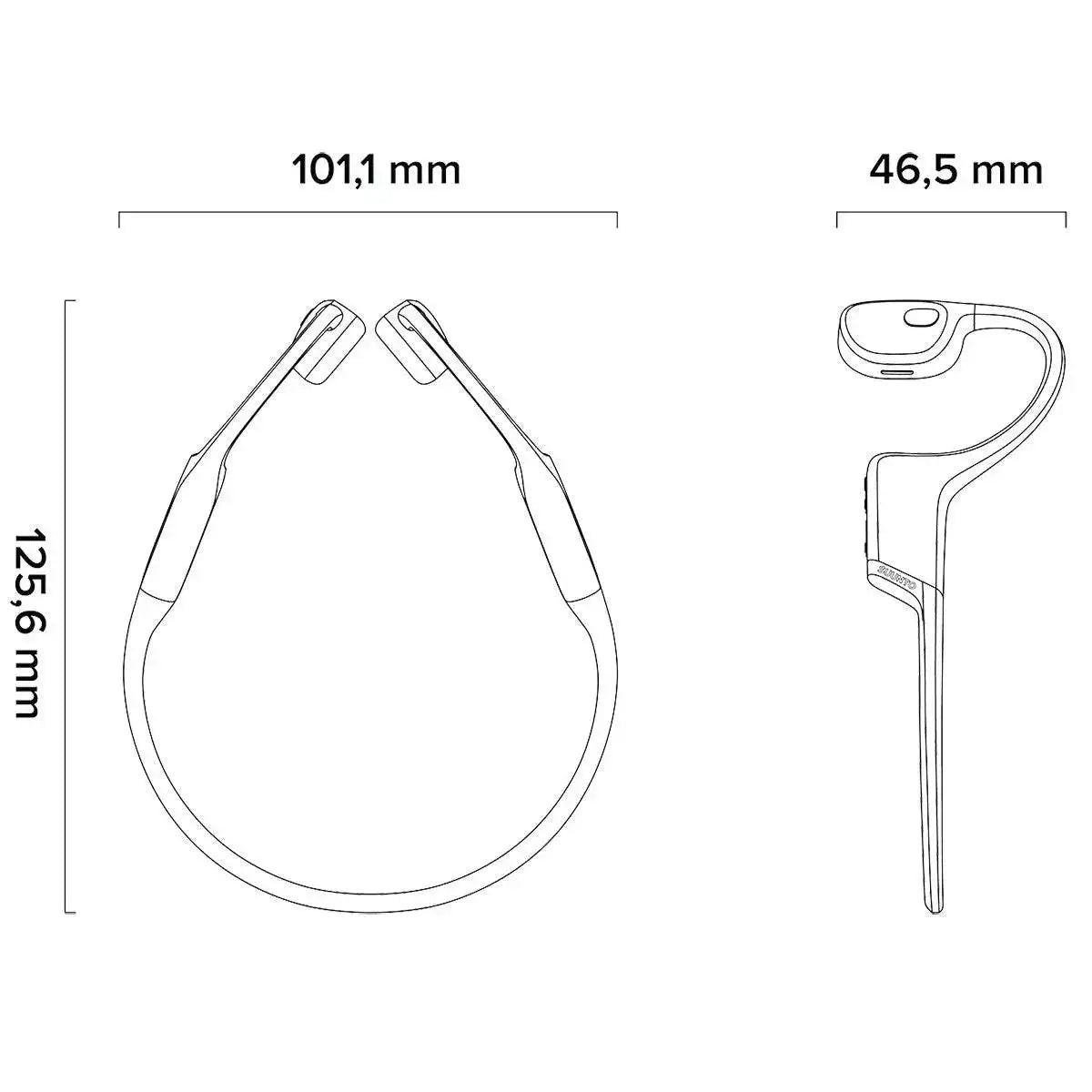 Technical diagram of Suunto Sonic Open Ear Bone Headphones, displaying precise measurements for a detailed understanding of the product dimensions.  from  John Bull Clothing 