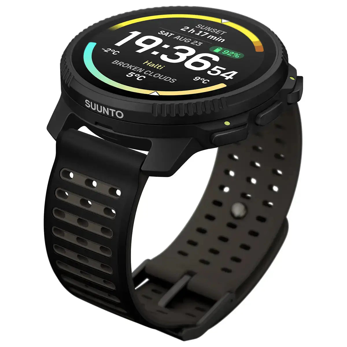 Angled view of Suunto Vertical 2 GPS Fitness Watch in black, showing breathable strap and robust design for active lifestyles.  from  John Bull Clothing 