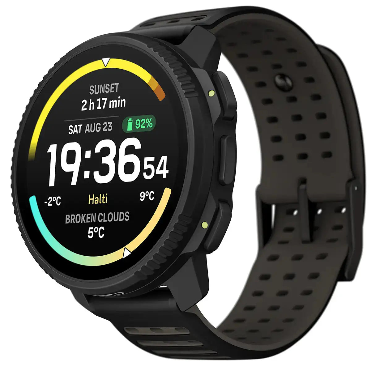 Side profile of Suunto Vertical 2 GPS Fitness Watch in black, highlighting rugged buttons and durable construction for outdoor use. All Black from  John Bull Clothing 