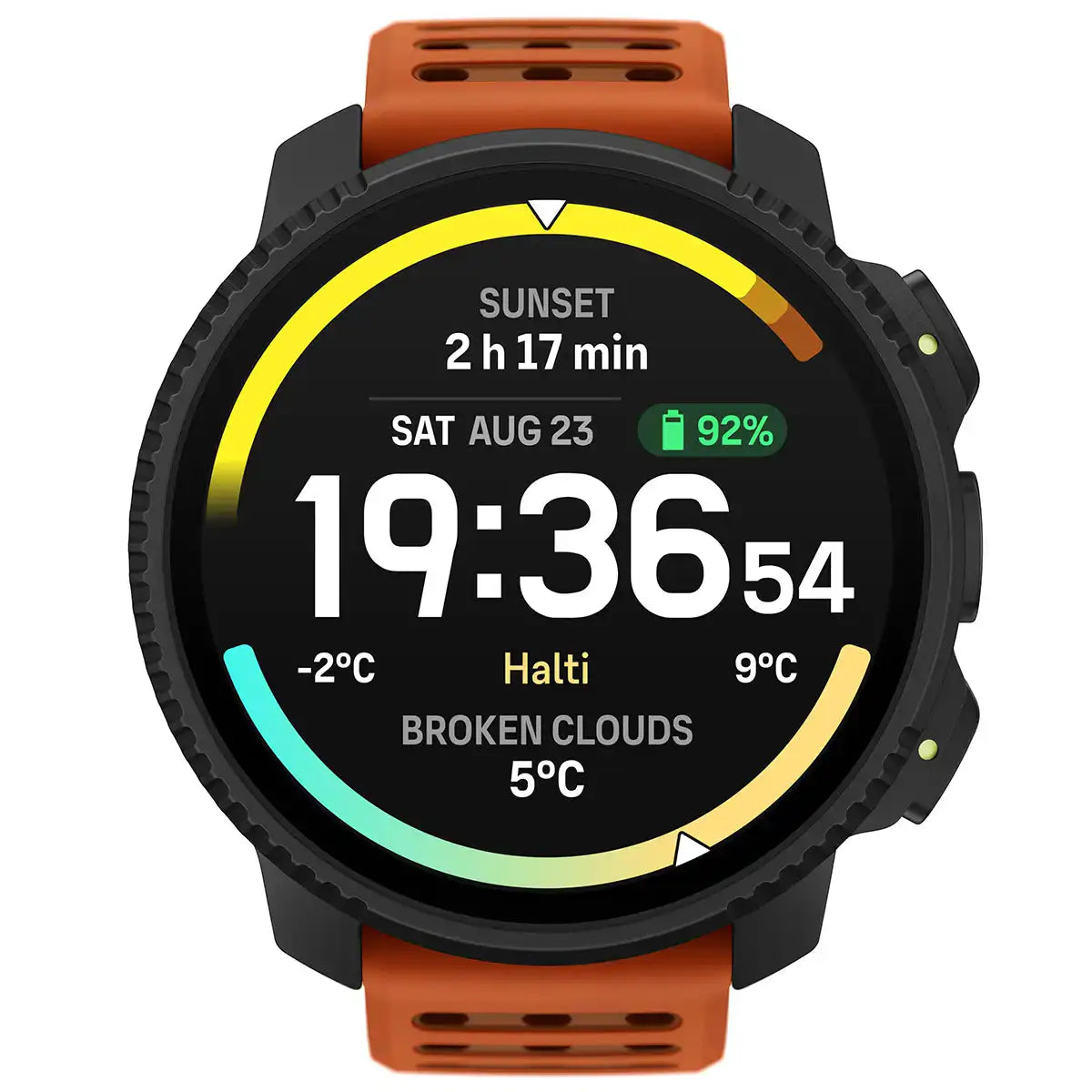 Suunto Vertical 2 GPS Fitness Watch with orange strap and rugged steel case, ideal for outdoor adventures and fitness tracking.  from  John Bull Clothing 