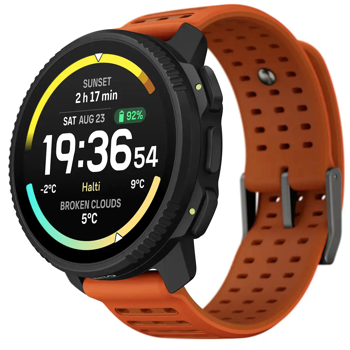 Suunto Vertical 2 GPS Fitness Watch with orange strap, angled view showing rugged build and outdoor-ready interface. Canyon from  John Bull Clothing 