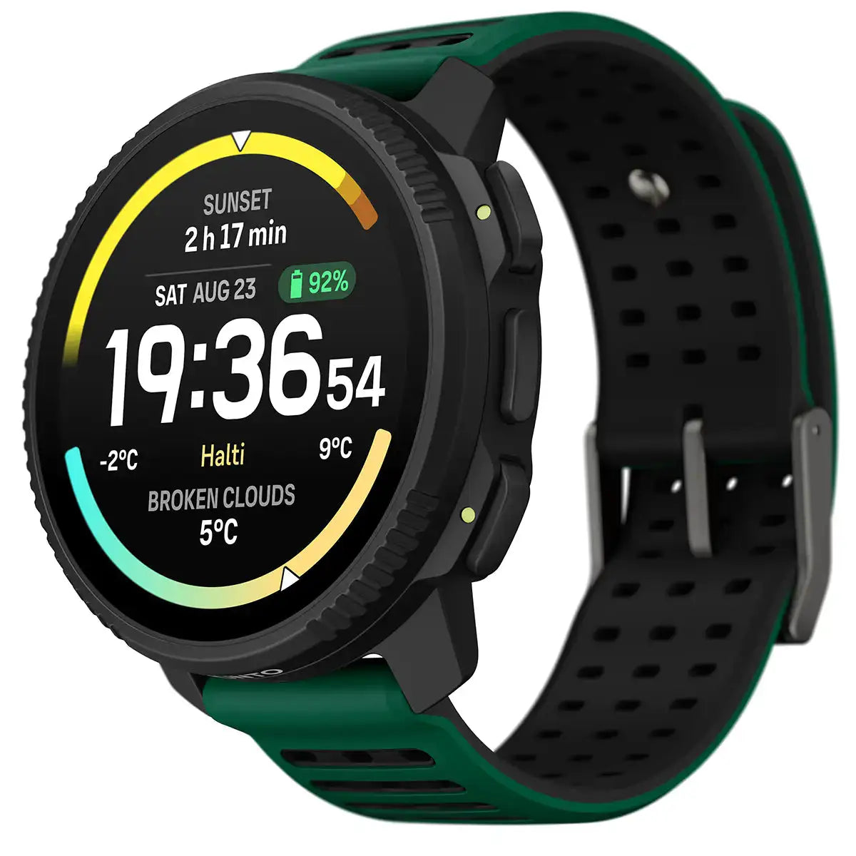 Suunto Vertical 2 GPS Fitness Watch with green strap, angled to show ergonomic design and weather-resistant features. Pine Green from  John Bull Clothing 