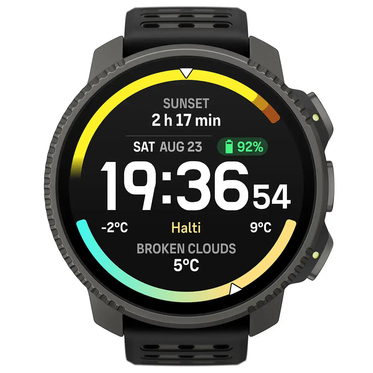 Front view of Suunto Vertical 2 Titanium GPS Training Watch with AMOLED display showing time, weather, and battery status, designed for serious athletes.  from  John Bull Clothing 