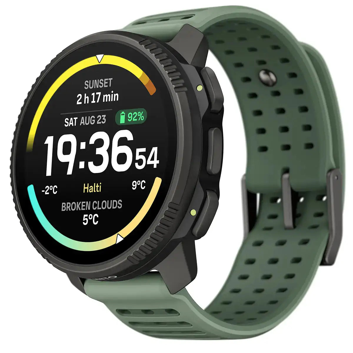 Suunto Vertical 2 Titanium GPS Training Watch in green with 1.5-inch AMOLED display showing time, weather, and sunset data. Ideal for outdoor fitness tracking.  from  John Bull Clothing 
