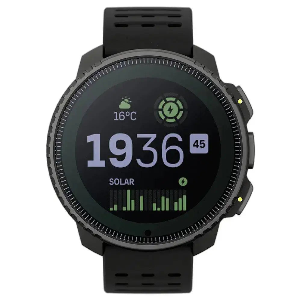 Front view of the Suunto Vertical Solar GPS Smartwatch displaying time, temperature, and solar charging status on a high-contrast screen.  from  John Bull Clothing 