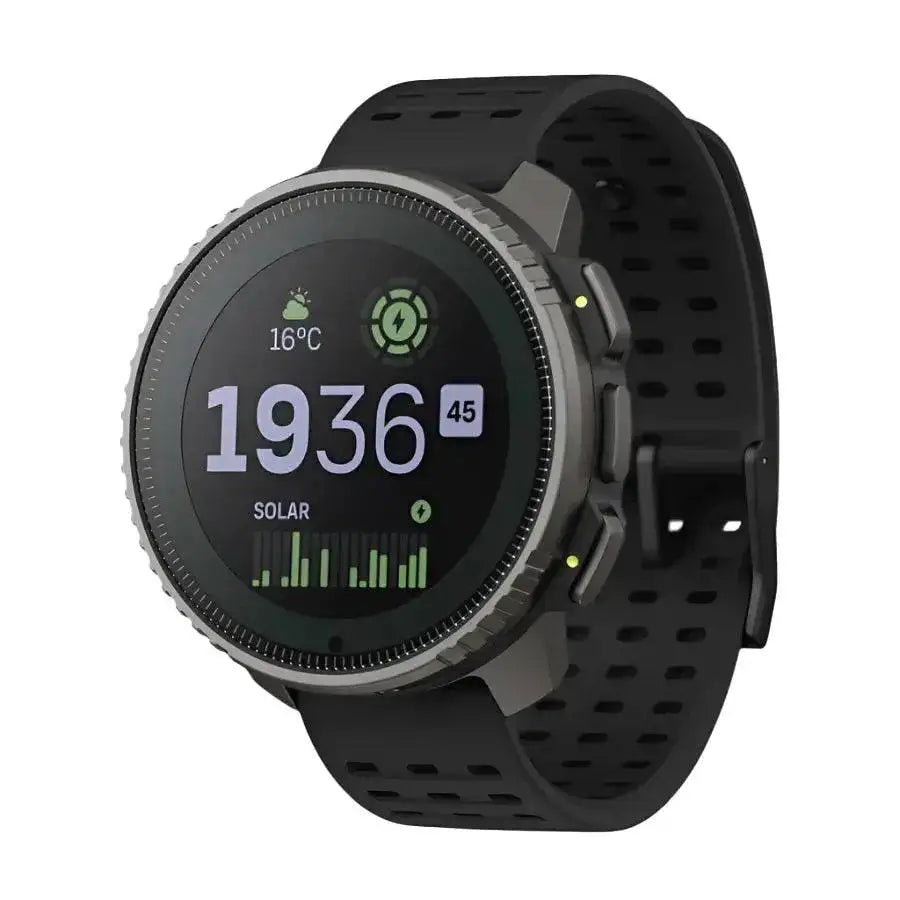 Suunto Vertical Solar GPS Smartwatch in black with a durable steel bezel and perforated silicone strap, ideal for athletes and explorers. All Black from  John Bull Clothing 