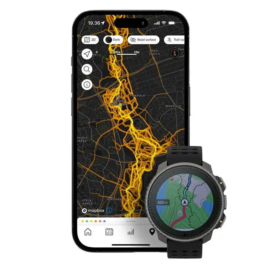 Suunto Vertical Solar GPS Smartwatch paired with a smartphone displaying detailed topographic maps and route tracking for outdoor navigation.  from  John Bull Clothing 