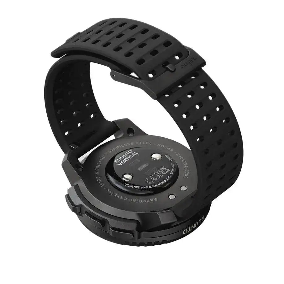Back view of the Suunto Vertical Solar GPS Smartwatch highlighting its stainless steel case, solar charging capability, and durable strap.  from  John Bull Clothing 