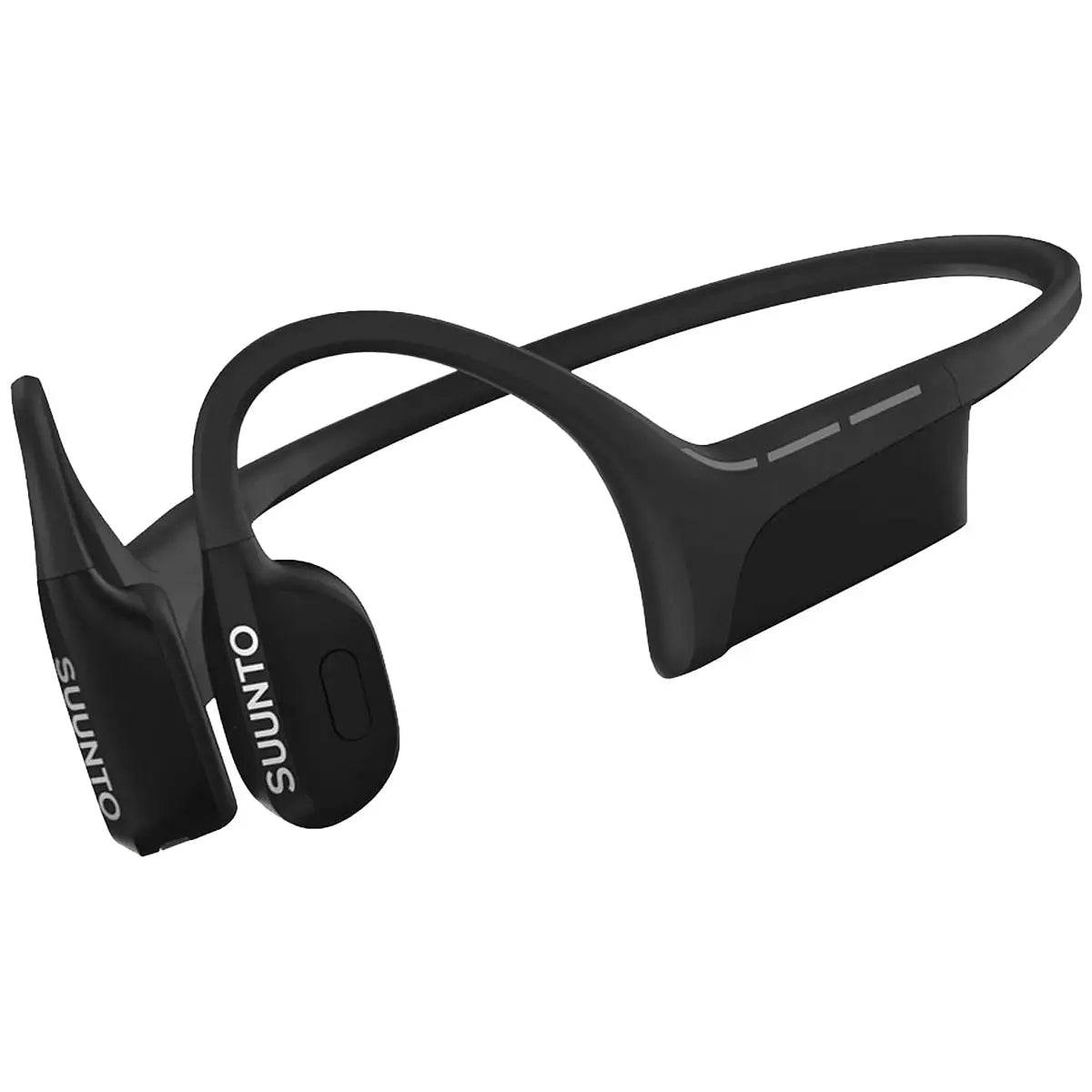 Angled view of Suunto Wing Open Ear Bluetooth Headphones, emphasizing the wraparound frame and open-ear design for all-day comfort.