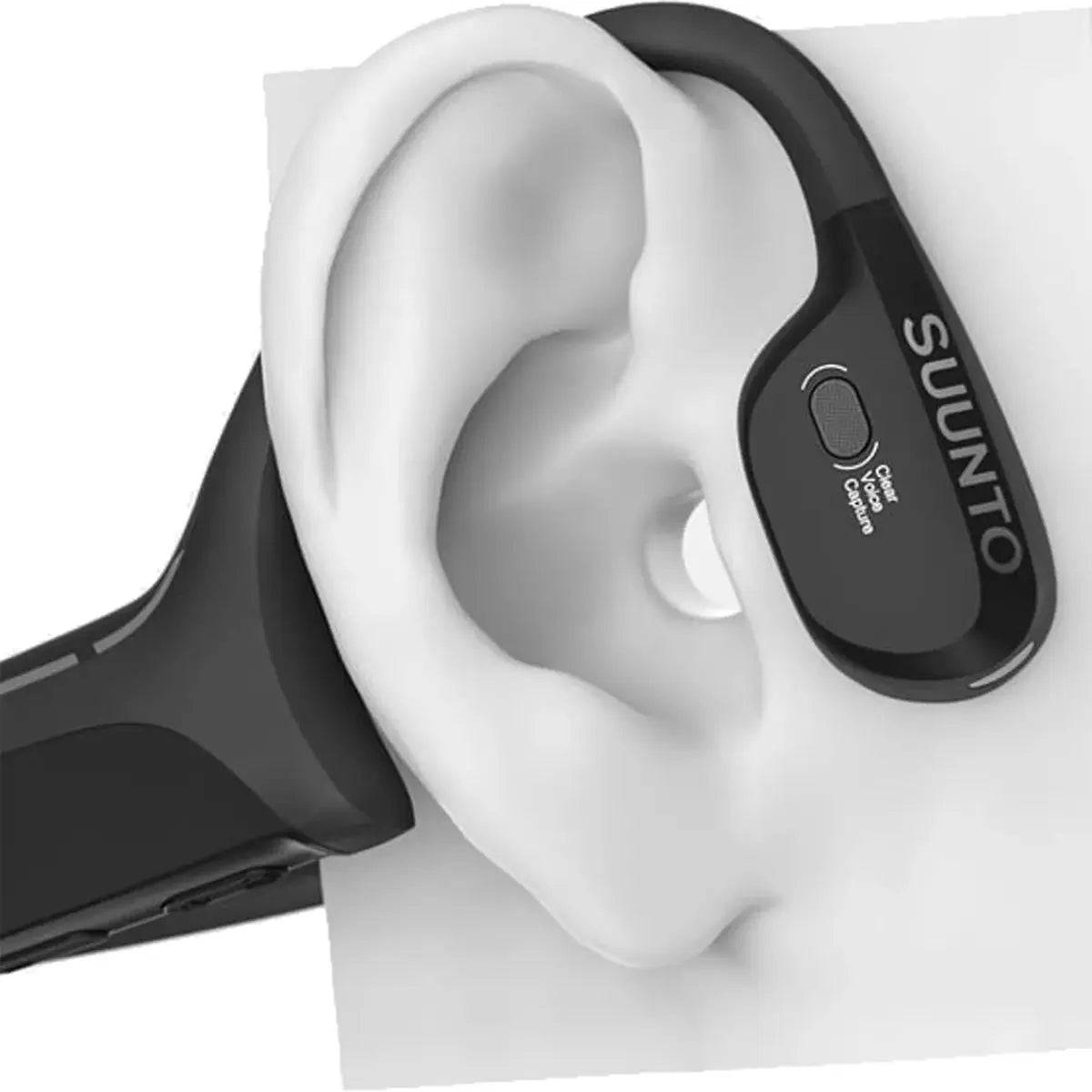 Suunto Wing Open Ear Bluetooth Headphones worn on an ear model, demonstrating the open-ear bone conduction design for situational awareness.