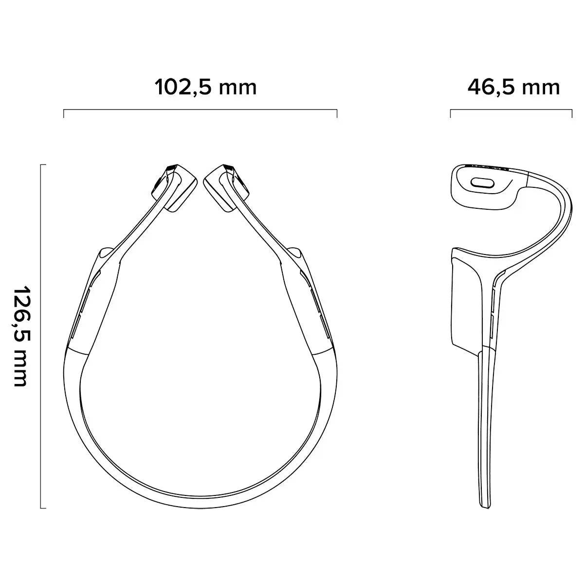Technical drawing of Suunto Wing Open Ear Bluetooth Headphones with dimensions, illustrating the compact and lightweight design.