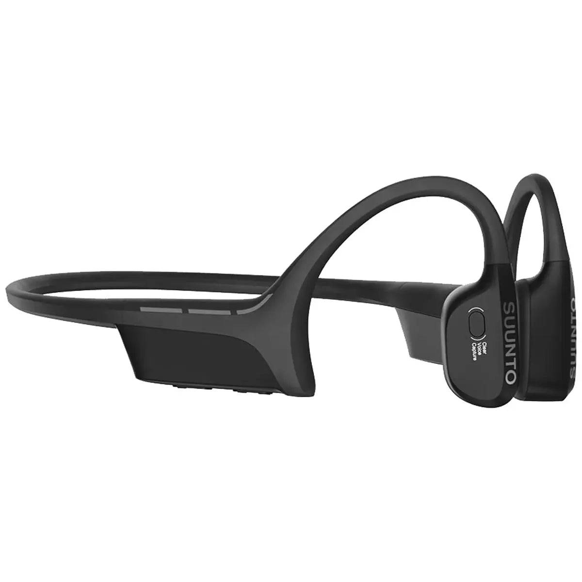 Side view of Suunto Wing Open Ear Bluetooth Headphones, highlighting the multifunction button for easy control of calls and music playback.