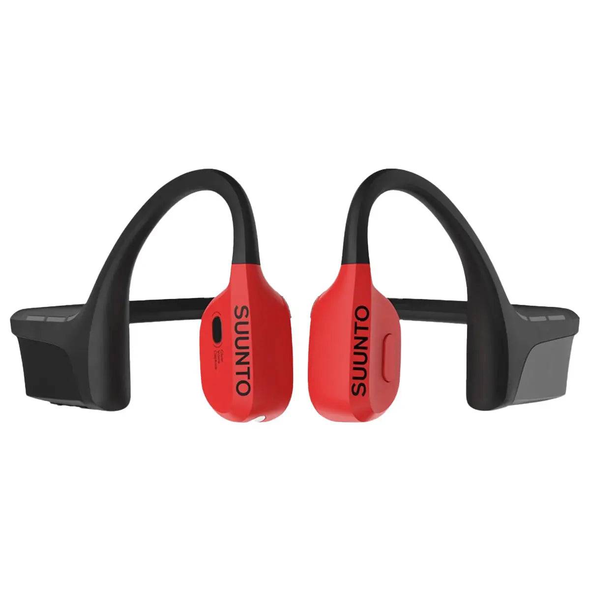 Suunto Wing Open Ear Bluetooth Headphones in black and red, featuring bone conduction technology for a secure and comfortable fit during workouts.