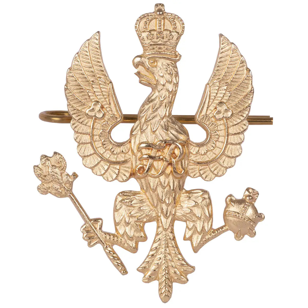 Brass Kings Royal Hussars Cap Badge (Shank & Pin) with crowned Prussian Eagle holding orb and sceptre, ideal for British Army military uniforms. Brass from  John Bull Clothing 