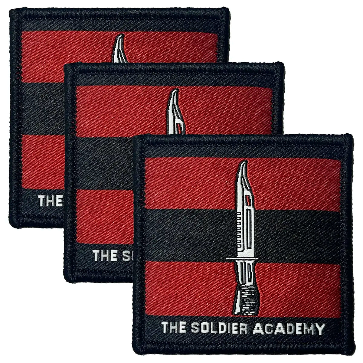 Set of three The Soldier Academy Hook & Loop TRF Badges featuring red and black stripes with Infantry Dagger, ideal for military uniforms.