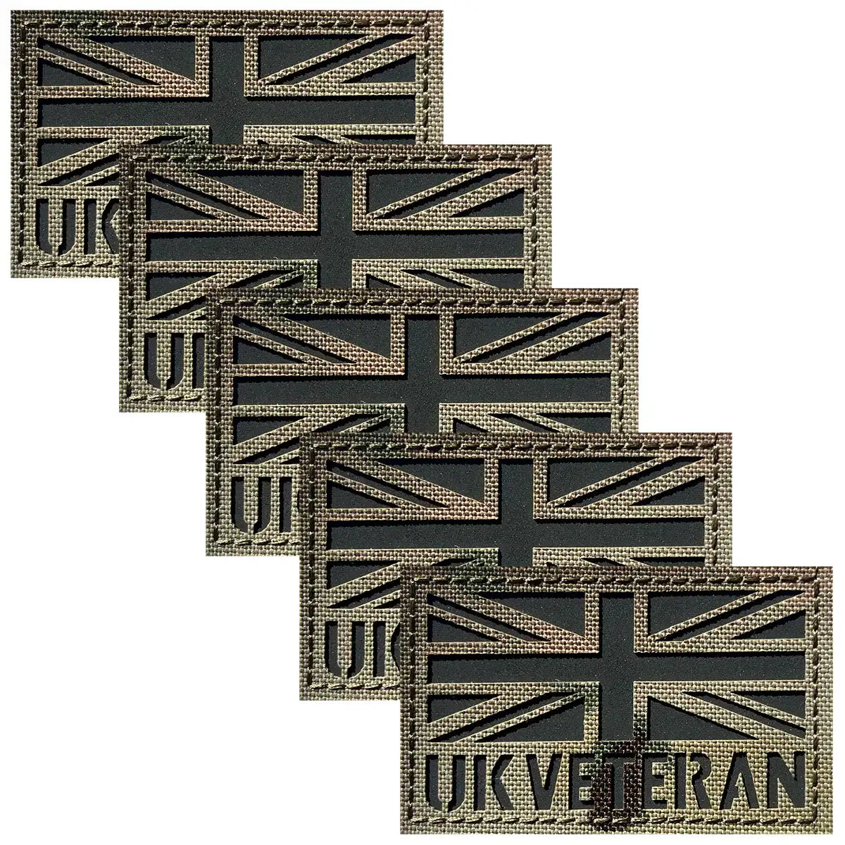 Multiple UK Veteran Laser Cut Hook & Loop TRF patches with Union Jack and 'UK VETERAN' text, designed for military and tactical apparel