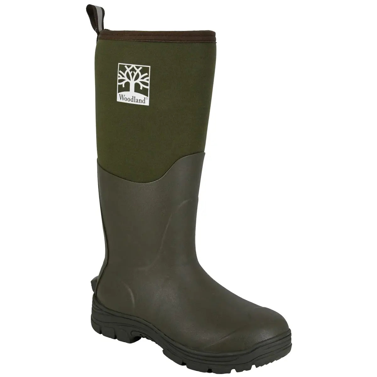 Woodland Mucker Wellington Boot Rubber Neoprene in green with rugged sole, ideal for outdoor yard work and country riding.