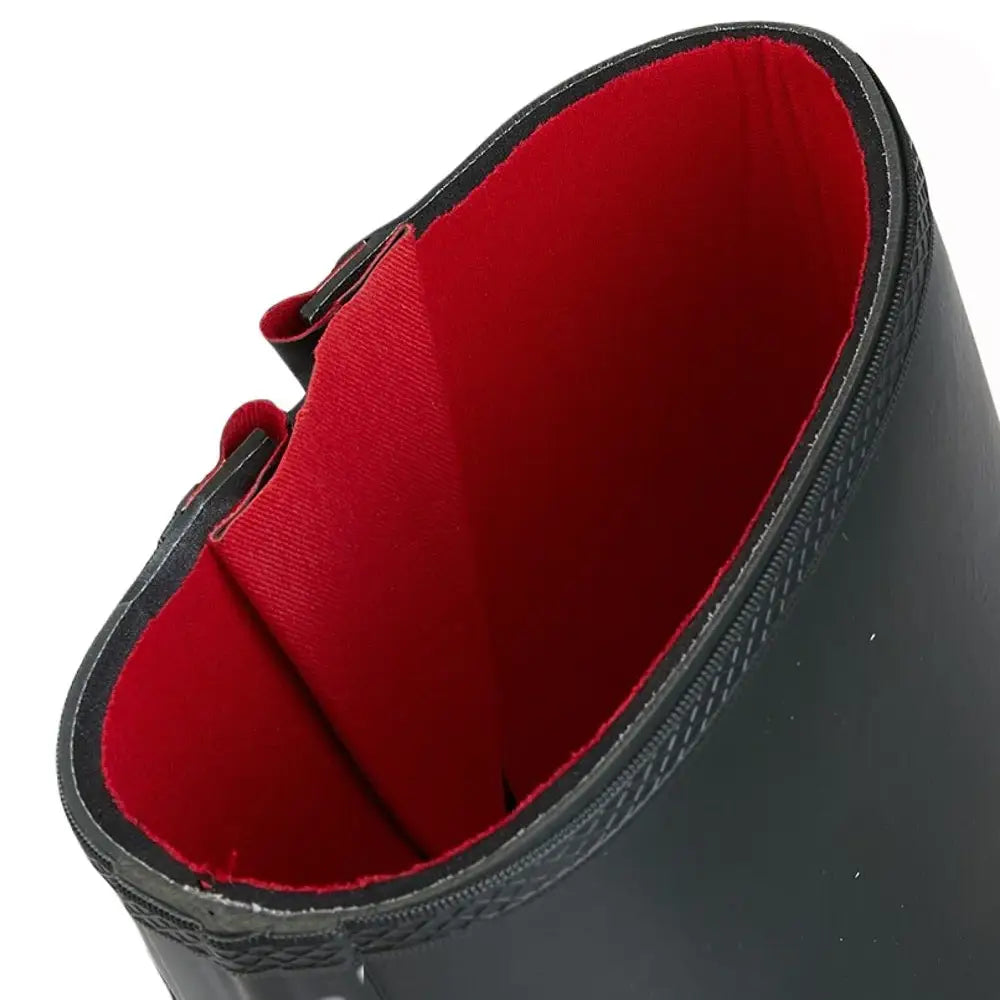 Close-up of red thermal neoprene lining inside the Woodland Wellington boot, designed for warmth and comfort in cold conditions.