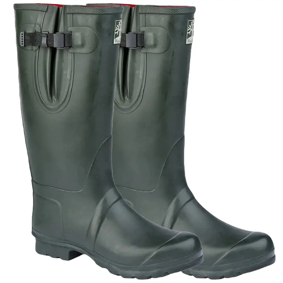 Pair of Woodland Neoprene Gusset Wellington boots in dark olive green, featuring thermal insulation and rugged design for outdoor use.  from  John Bull Clothing 