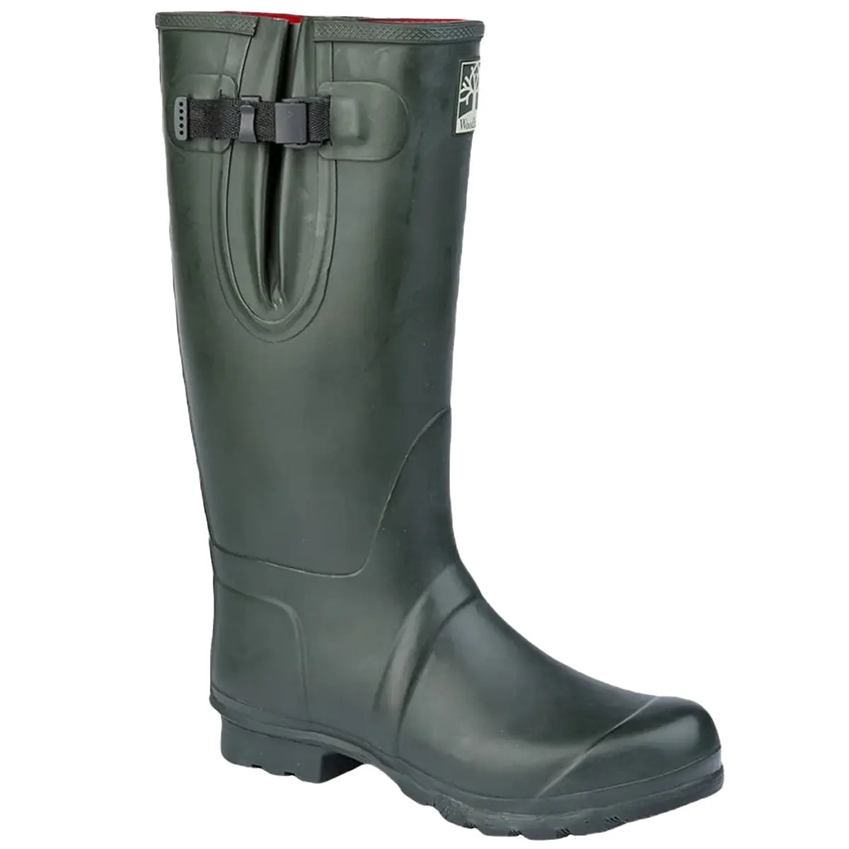Woodland Neoprene Gusset Wellington Dark Olive Green single boot with adjustable side gusset, ideal for outdoor cold-weather wear.