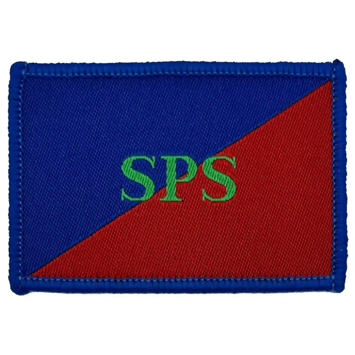 Single Adjutant Generals Corps SPS TRF patch with regulation red and blue background and green SPS lettering, 6x4cm in size. 1 Flash from  John Bull Clothing 